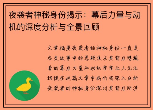 夜袭者神秘身份揭示：幕后力量与动机的深度分析与全景回顾